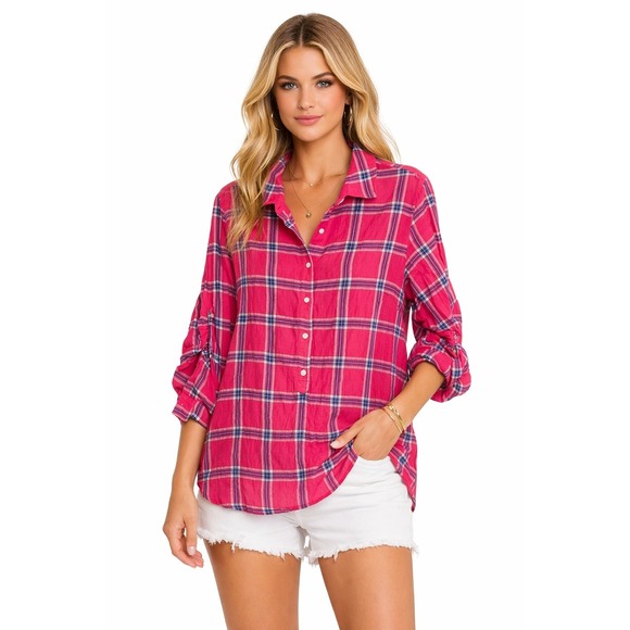 J. McLaughlin Tops - J. McLaughlin Pink Plaid Long Sleeve Cotton Blend Collar Shirt Costal Vacation S